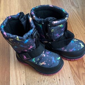 Rugged Bear Kids' Black Boots with Rainbow Unicorns Print